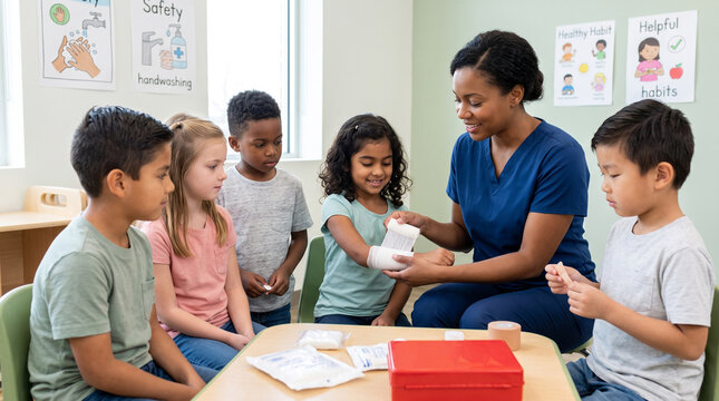 Diverse group of children learning simple first aid skills from a friendly adult educator, generic medical symbols, safety education and empowerment, Children's Day