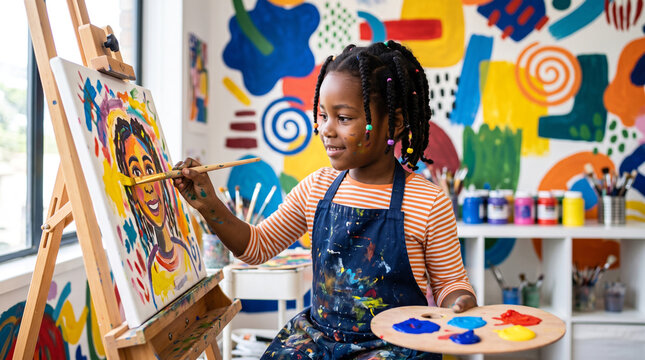 Black child painting a self-portrait surrounded by colorful abstract shapes representing emotions, creativity, clean art studio setting, child development concept, Children's Day