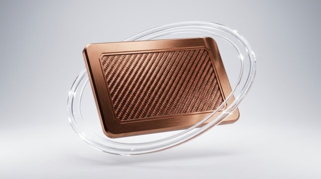 Tilted bronze metal card suspended through oval glass loops with textured