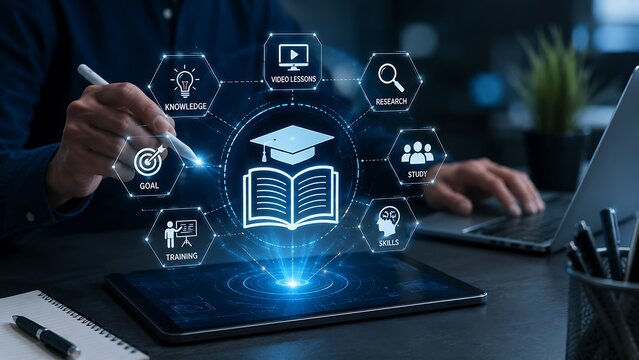 Digital education interface with holographic book and graduation cap icons for online learning and virtual classroom training on a tablet screen in a dark office room
