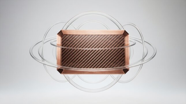 Rotated copper and carbon fiber panel framed by rotating glass rings