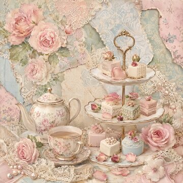 Vintage Tea Service with Tiered Cakes and Pink Roses