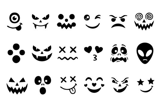 Set of hand drawn various spooky and funny Halloween pumpkin carving face expressions isolated on a white background