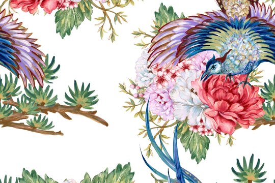 Exotic tropical bird with vibrant plumage perched among lush floral and palm patterns on seamless fabric background