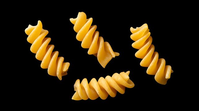 Raw fusilli pasta noodles isolated on black background