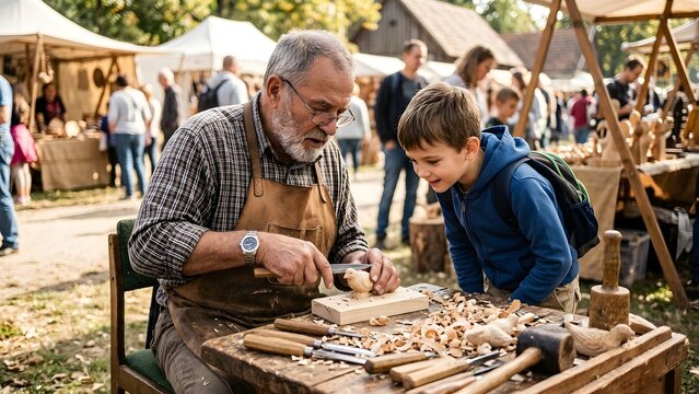 An experienced woodcarver teaches a young boy how to carve wood at an outdoor market stall.