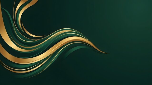 Elegant green and gold abstract wavy lines flowing on a dark green background.