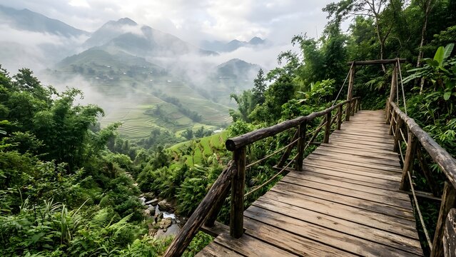 Wooden suspension bridge leading to a scenic view of misty mountains and rice terraces.