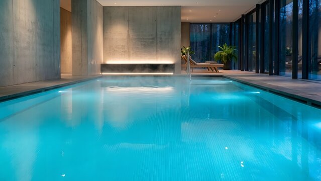 Modern indoor swimming pool with clear blue water and steam rising, featuring concrete walls and large windows overlooking a forest.