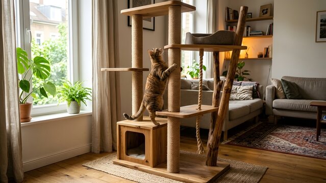 A playful tabby cat climbs a wooden cat tree in a bright, cozy living room with plants and a sofa.
