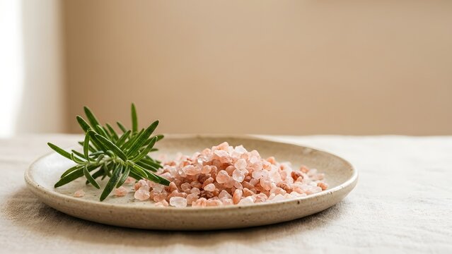 Himalayan pink salt crystals and fresh rosemary sprig on a rustic plate