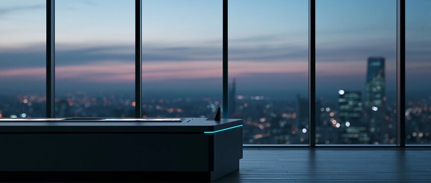 21:9 Ultrawide Commercial Photo of Control Room Console Overlooking Smart City for B2B Website Hero Banner Concept