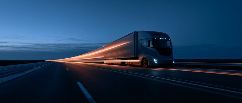 21:9 Ultrawide Photo of Electric Semi Truck on Highway for Smart Logistics Website Header Banner Concept