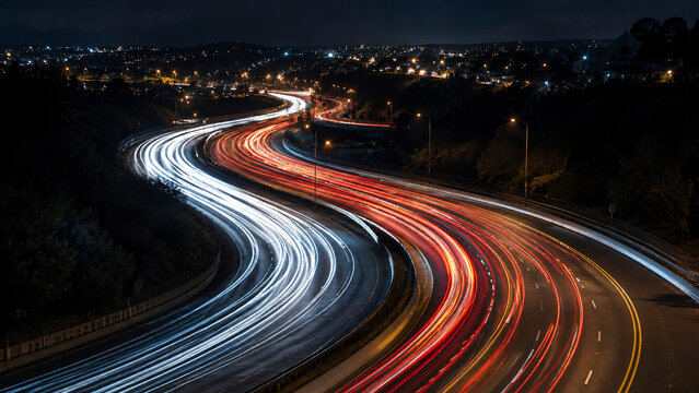 Red and White Car Light Trails on Highway Interchange at Night with City Lights