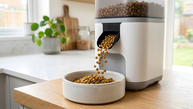 Automatic pet food dispenser releasing dry kibble into a bowl on a kitchen counter.
