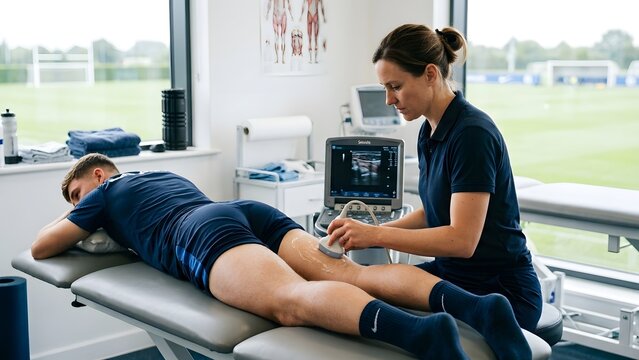 Sports medicine professional performing ultrasound scan on athlete's leg in clinic