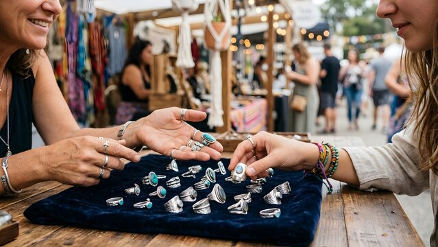 Woman displaying handmade silver rings with turquoise stones at an outdoor market stall