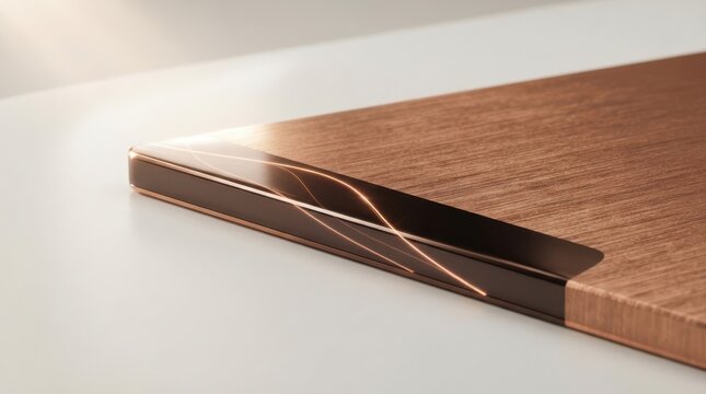 Geometric inlaid copper lines on dark wood surface detail with geometric