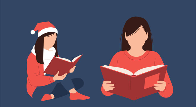 Flat vector illustration of two women reading red books for Christmas. One girl wears a Santa hat and scarf sitting down, while another woman holds an open book in a red sweater.
