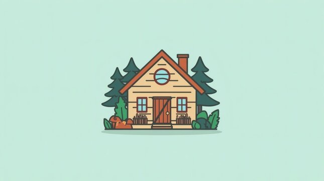 Charming cartoon log cabin nestled among pine trees in a serene forest setting