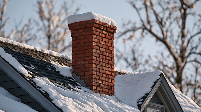 Red brick chimney on snow covered roof in winter