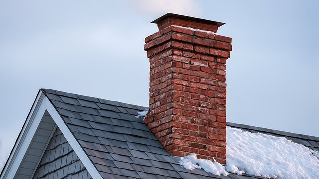 Brick chimney on shingle roof with snow in winter