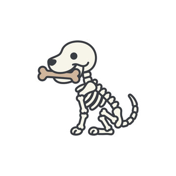A cute cartoon skeleton dog holds a bone in its mouth