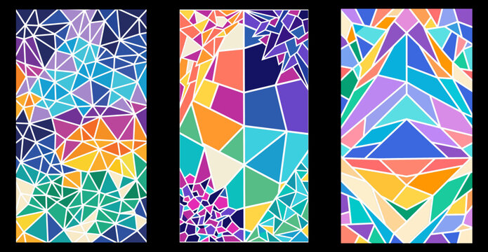 Set of three vertical abstract banners featuring colorful geometric low poly patterns and vibrant mosaic triangle shapes