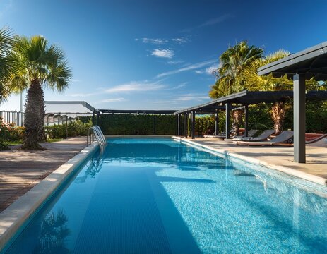 swimming pool with palm trees and screen enclosure on sunny day