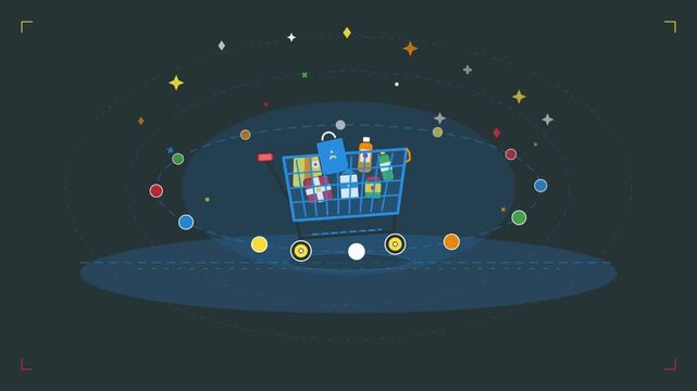 An animated video featuring a shopping cart filled with items purchased by consumers to meet their daily needs and lifestyle requirements.