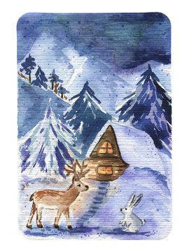 Watercolor winter landscape with snowy house, reindeer, and rabbit. Cute Christmas postcard painted on texture paper. For notecards, stickers, gift cards