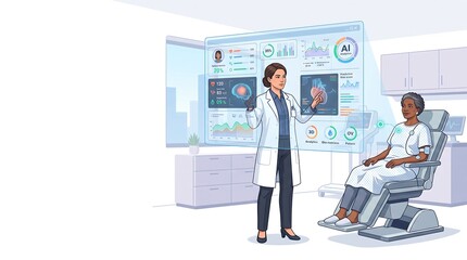Fototapeta premium Futuristic AI Medical Diagnosis with Doctor and Patient Illustration