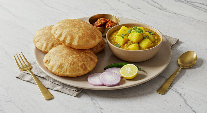 Traditional Indian Aloo Poori Breakfast with Fried Puri and Spicy Potato Curry