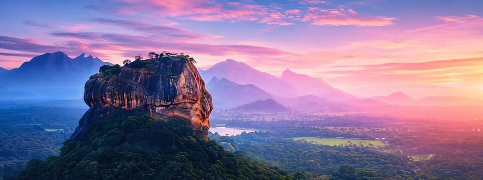 Ancient rock fortress perched on top of a green mountain cliff during breathtaking sunset landscape