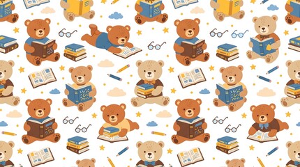 Fototapeta premium Teddy Bears Reading Books Seamless Pattern for Kids