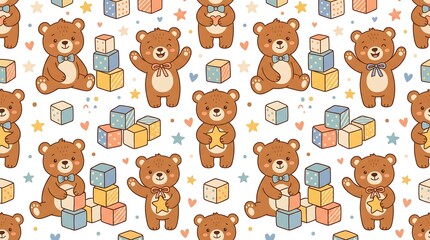 Fototapeta premium Teddy Bear Toy Blocks Seamless Pattern for Children