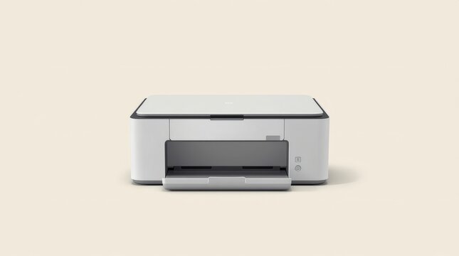 Modern white compact printer with paper output tray extended on a neutral background