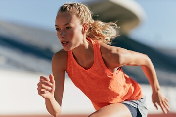 Fototapeta premium Female runner accelerating from start on athletics track in orange tank top for training banner and sports background