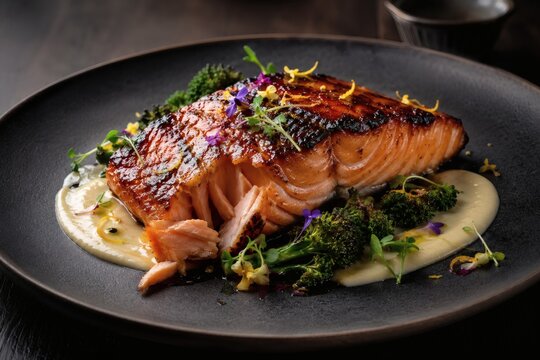 Charred Miso Salmon with Citrus and Microgreens Fine Dining