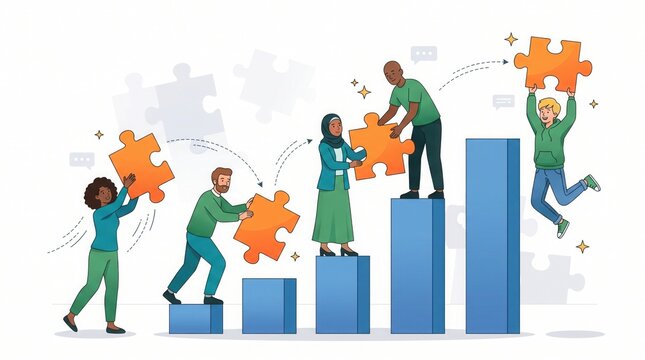 Teamwork and collaboration depicted as diverse people building a graph with puzzle pieces. They are working together on different levels, signifying progress and shared goals