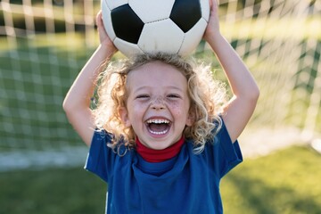 Obraz premium Joyful child holding a soccer ball over head in front of net for youth sports poster and team banner design