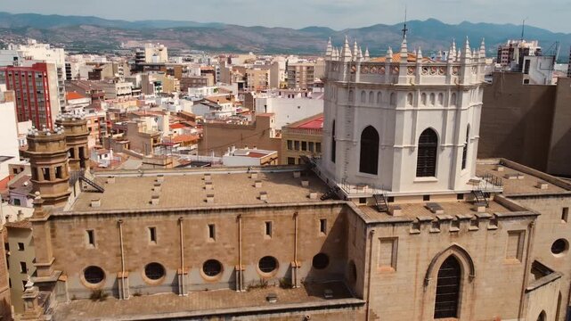 Santa Maria Cathedral aerial view in Castellon, Valencia Region Spain. High quality 4k footage