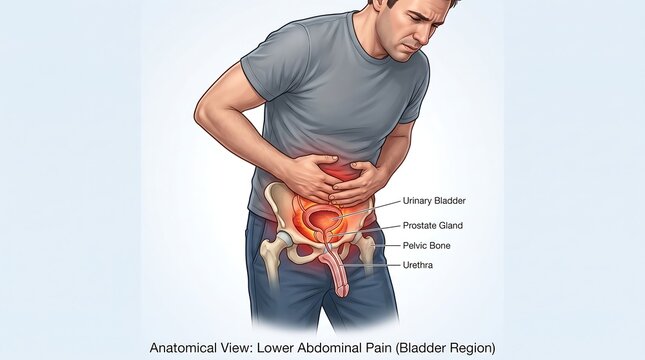 Lower abdominal pain anatomical view, man clutching stomach with bladder region diagram, male pelvic health and urinary system medical illustration