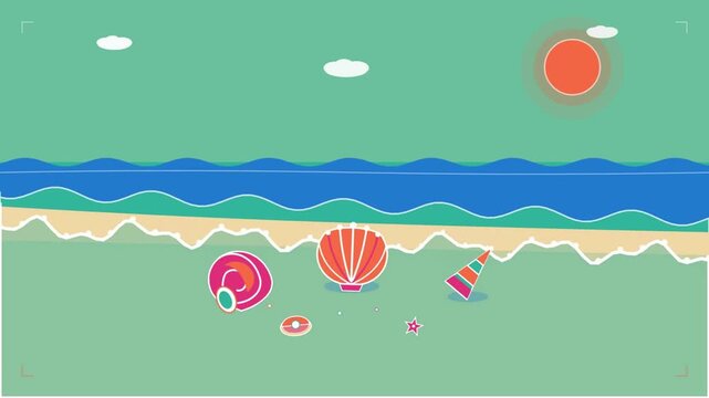 An animated video of a beautiful beach featuring objects such as seashells and surfboards.