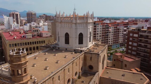 Santa Maria Cathedral aerial view in Castellon, Valencia Region Spain. High quality 4k footage