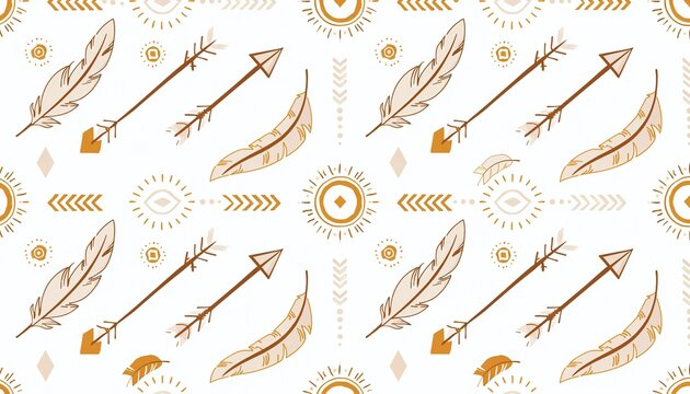 Seamless Boho-Chic Ethnic Tribal Vector Textile Pattern with Feathers and Geometric Shapes
