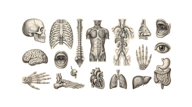 Vintage anatomical illustrations of human body parts isolated on transparent background