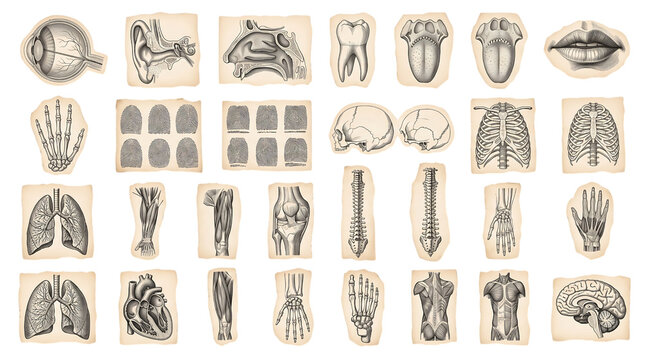 Set of vintage anatomical illustrations of human body parts and organs isolated on transparent background