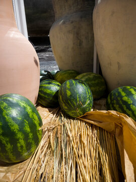 Watermelon Fruit Harvest Fresh Rustic Market Straw Organic Farm Produce Summer Green Striped Natural Autumn