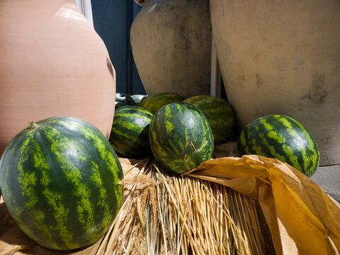 Watermelon Fruit Harvest Fresh Rustic Market Straw Organic Farm Produce Summer Green Striped Natural Autumn